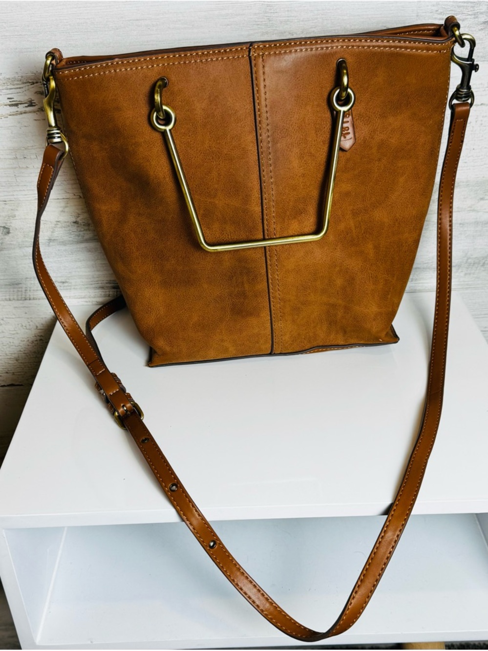Elle Jae Gypset Brown Faux Leather Tote w/ Gold Bar Handles with Crossbody Strap